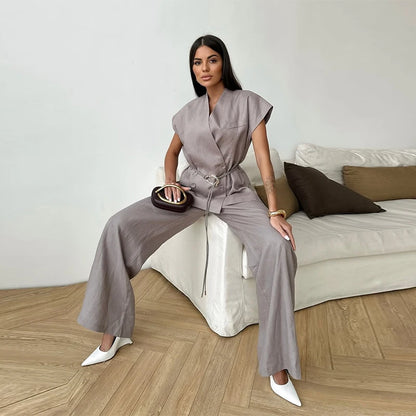 V-neck Double Breasted Women Top Set High Waist Wide Leg Female Pants Sets 2025 Fashion Casual Summer Chic Solid Lady Shirt Suit