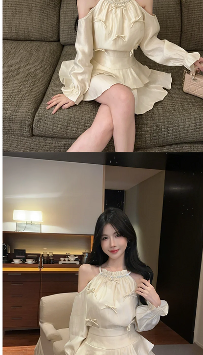 Gagarich Casual Fashion Diamond Studded Bow Trumpet Sleeve Hanging Neck Shoulder Leakage Top Women Wear Cake Skirt Set