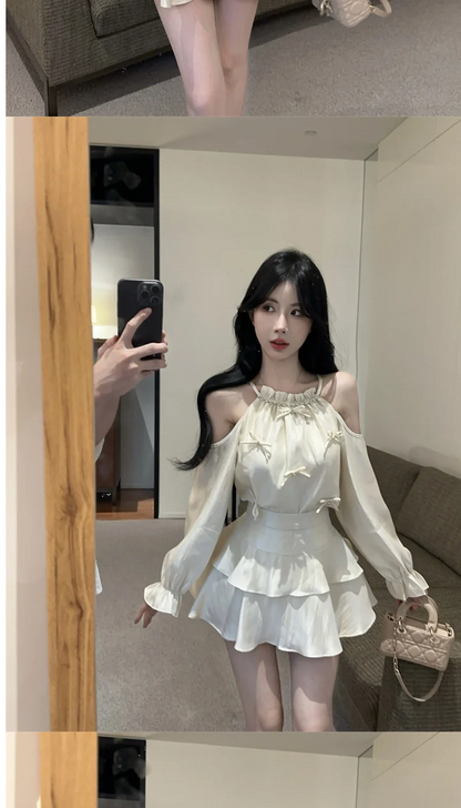 Gagarich Casual Fashion Diamond Studded Bow Trumpet Sleeve Hanging Neck Shoulder Leakage Top Women Wear Cake Skirt Set