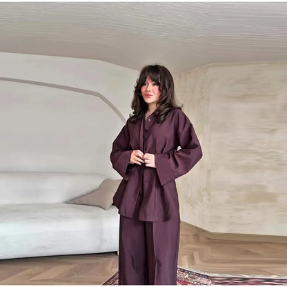 Elegant Women's Pant Suits Set Loose Fit Long Sleeve Top Matching High Waist Wide Leg Baggy Trousers Chic Female Formal Outfits