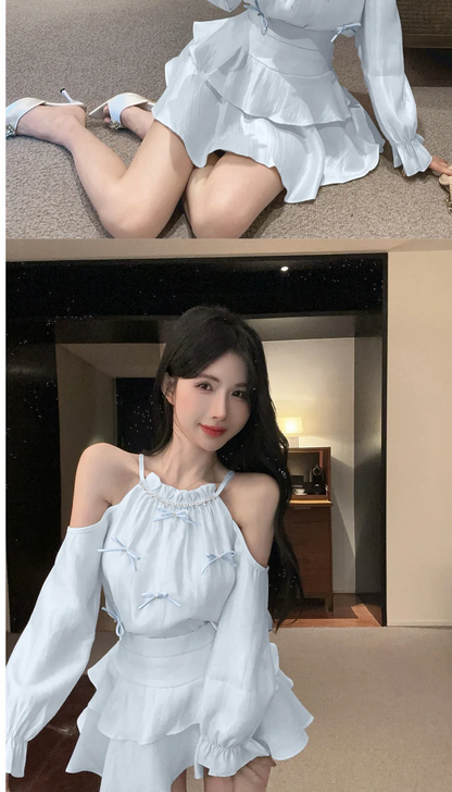 Gagarich Casual Fashion Diamond Studded Bow Trumpet Sleeve Hanging Neck Shoulder Leakage Top Women Wear Cake Skirt Set