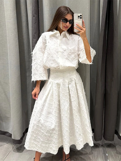 Elegant Shirt Skirt Set Women Lapel Long Sleeve Loose T-shirt High Waist Pleated Long Skirts Suits 2025 Autumn Street Lady Sets