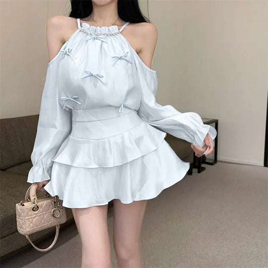 Gagarich Casual Fashion Diamond Studded Bow Trumpet Sleeve Hanging Neck Shoulder Leakage Top Women Wear Cake Skirt Set