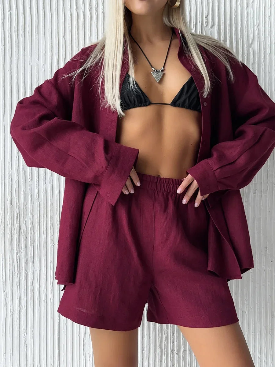 Bornladies Women's Cotton Casual Shorts Set Solid Color Lapel Long Sleeve Shirt Elastic Waist Shorts Outfit Daily Vacation Wear